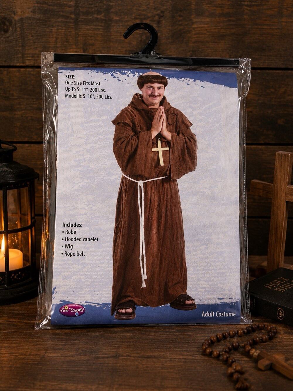 Fun World Adult Monk Friar Costume Robe Hooded Capelet Wig One Size Brown